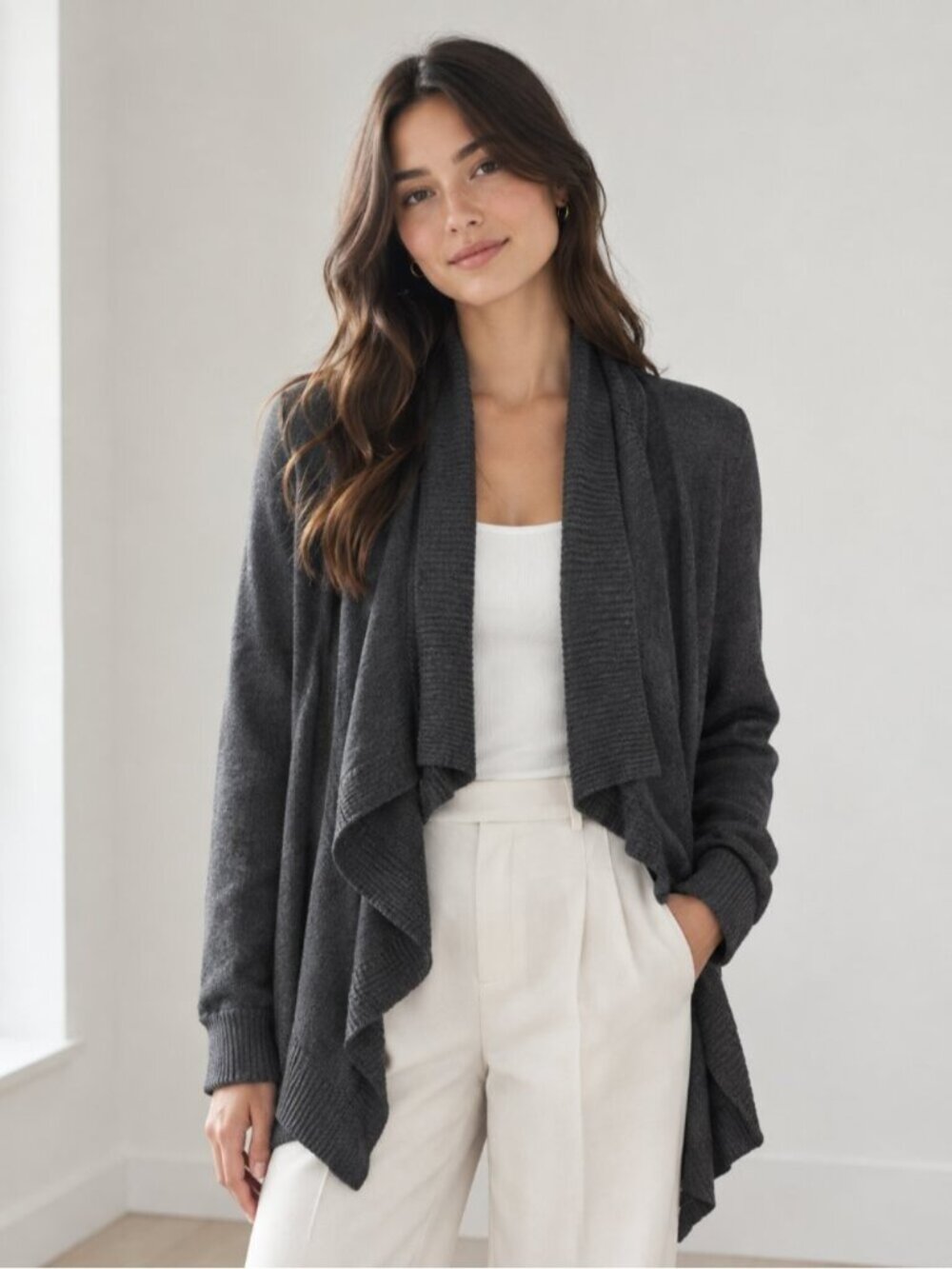 Esprit Charcoal Open-Front Waterfall Cardigan 0899